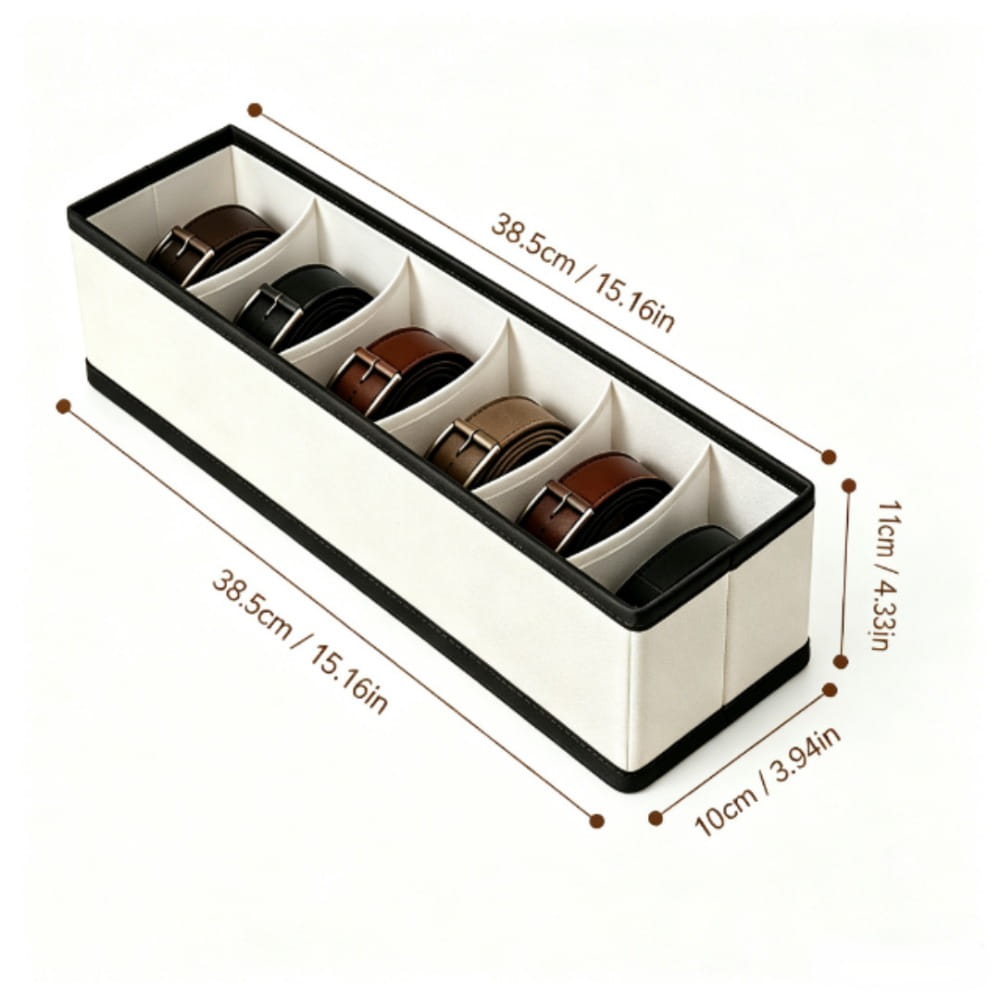 White and black leather drawer organizer with six compartments holding various brown black and tan belts for fabric storage of underwear and socks.
