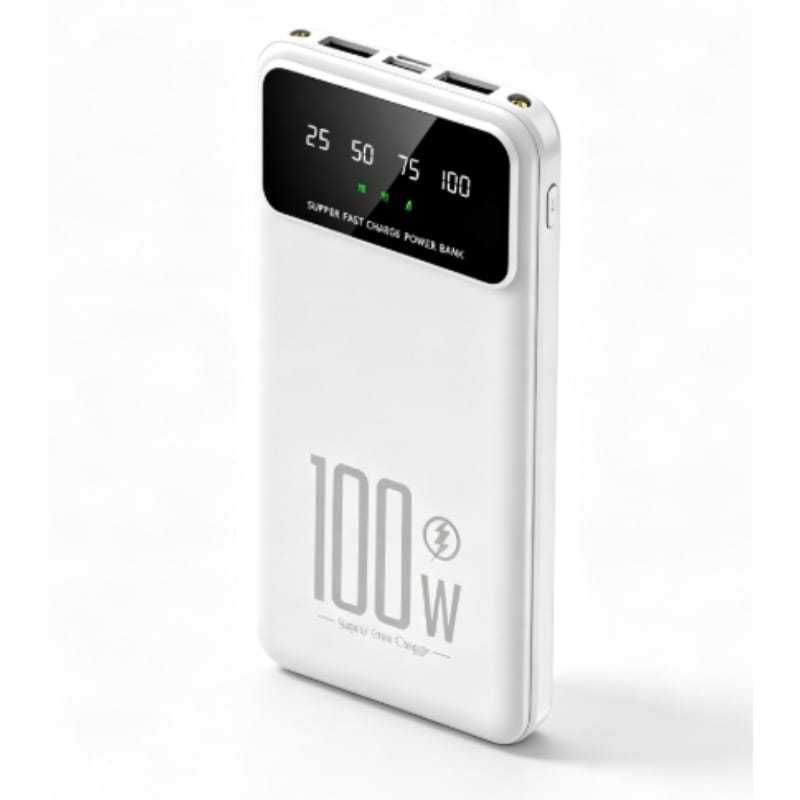 Banco de energía rectangular blanco con carga rápida de 100 W, pantalla digital y capacidad de 20000 mAh, que muestra los niveles de carga y el texto de carga súper rápida.