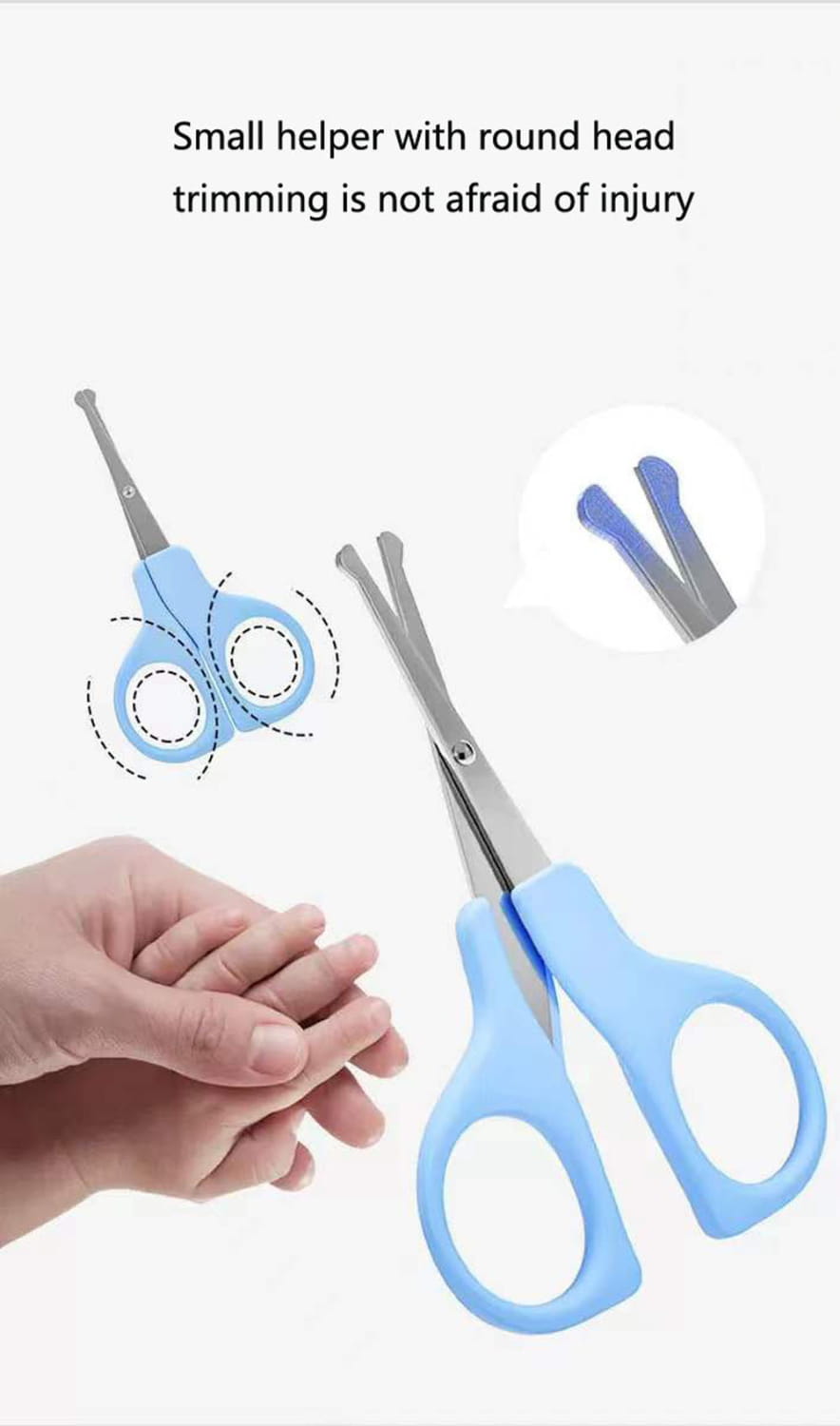 Hellblaues Baby-Nagelknipser-Set mit Kunststoffgriff, abgerundeten Spitzen und Klingen aus Edelstahl, enthalten in einem Baby-Gesundheits- und Pflege-Set.