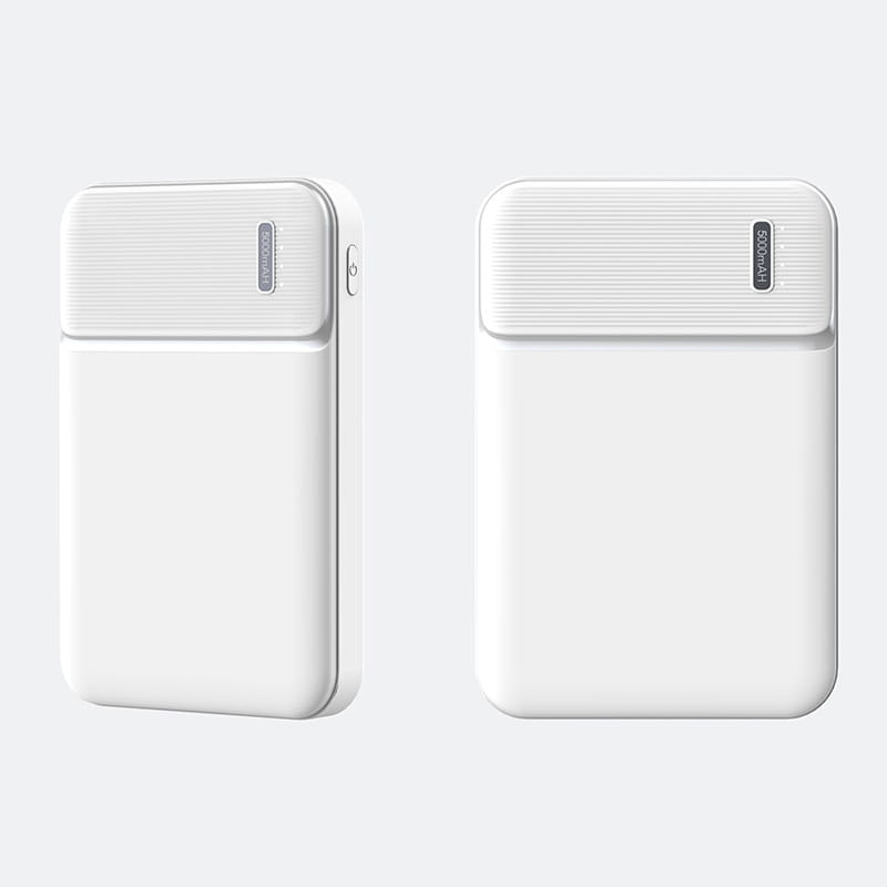 White rectangular 5000mah portable power bank mini charger with a textured top panel and sleek minimalist design.