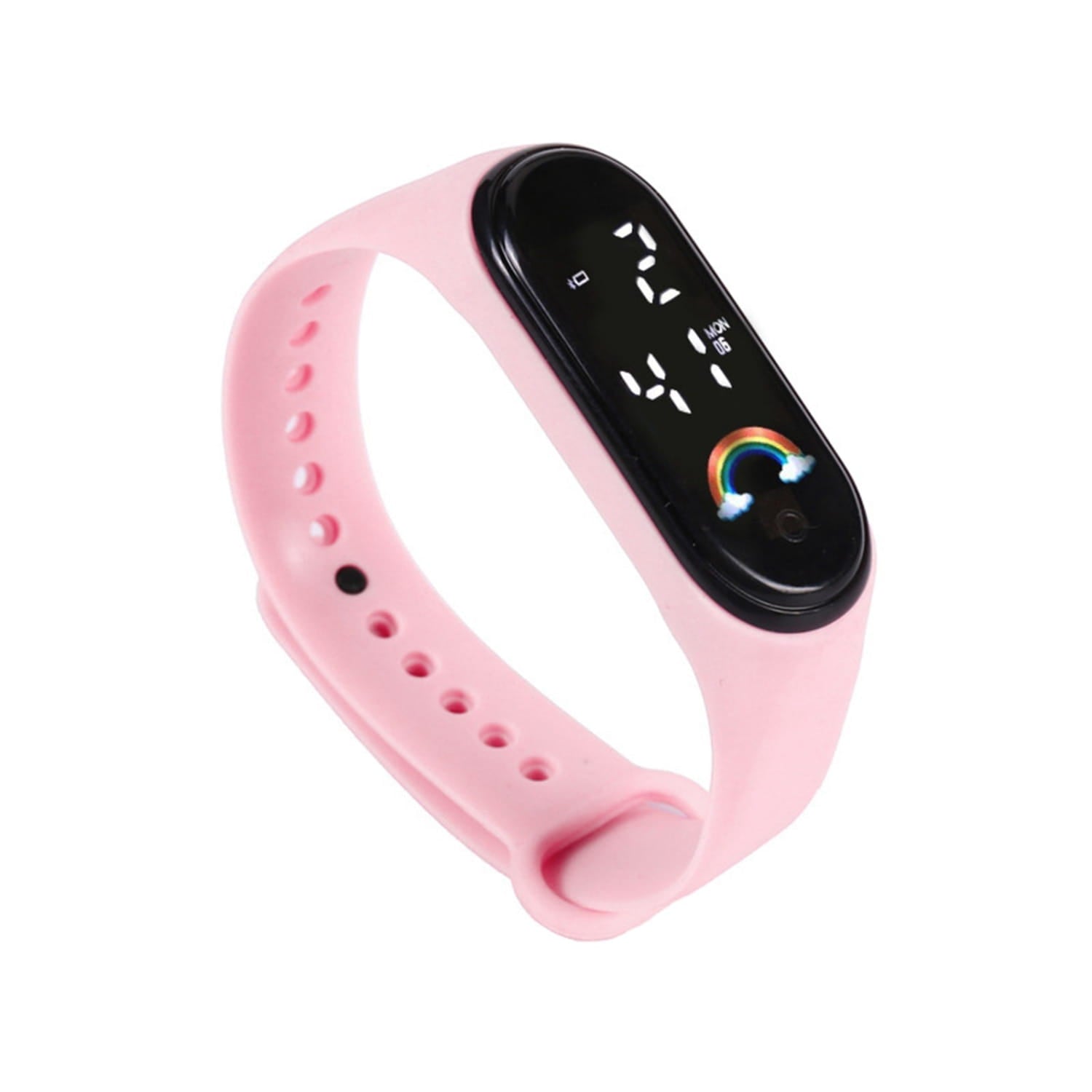 Kids digital led silicone sports watch with a pink silicone wristband, black digital display showing time, and a rainbow graphic.