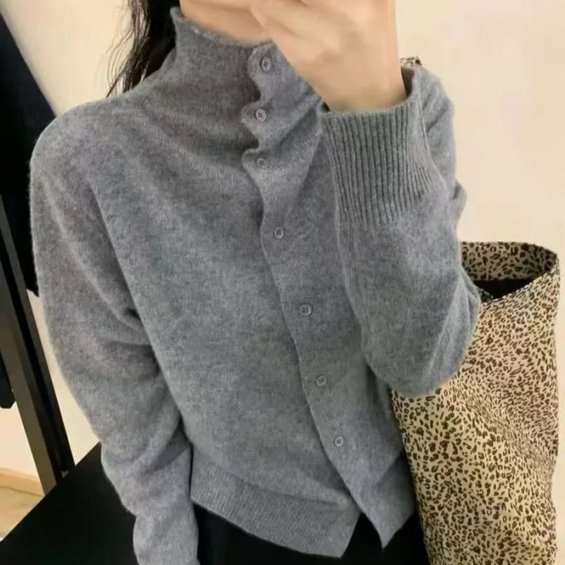 Women's 100% Wool Soft and Warm High-Neck Pullover Sweater, 2025 Autumn/Winter Knitted Cardigan Top