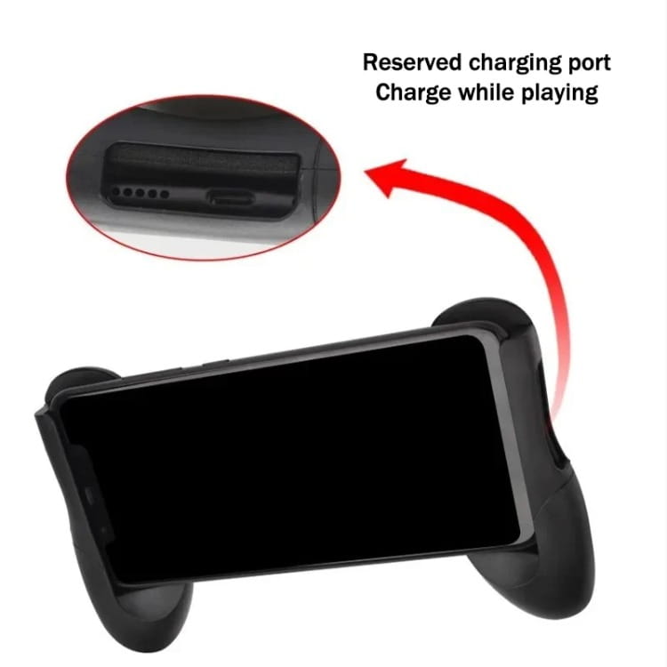 Joysticks de gamepad de teléfono móvil negro con agarre ergonómico para juegos e incluye un puerto de carga integrado para jugar en cualquier momento, compatible con iOS y Android.
