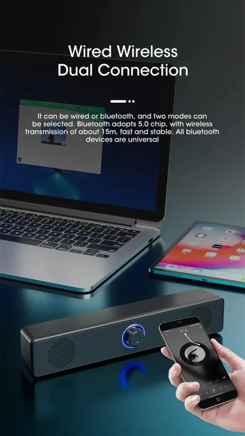 Schwarzer rechteckiger Vikefon-USB-Bluetooth-PC-Soundbar-Lautsprecher mit blau beleuchtetem Reglerknopf und Maschengitter auf jeder Seite.