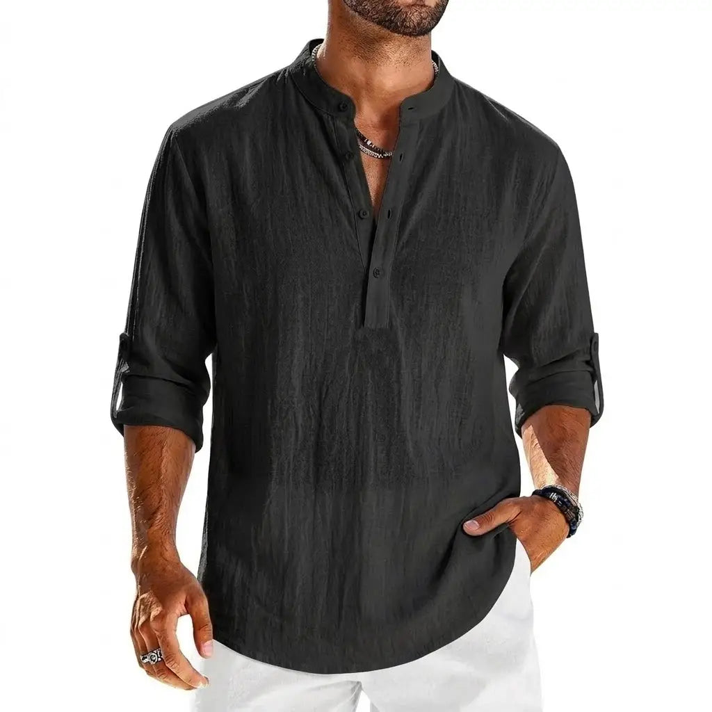 Chemise Henley à manches longues en coton et lin pour homme en lin noir, avec col mandarin et manches retroussées
