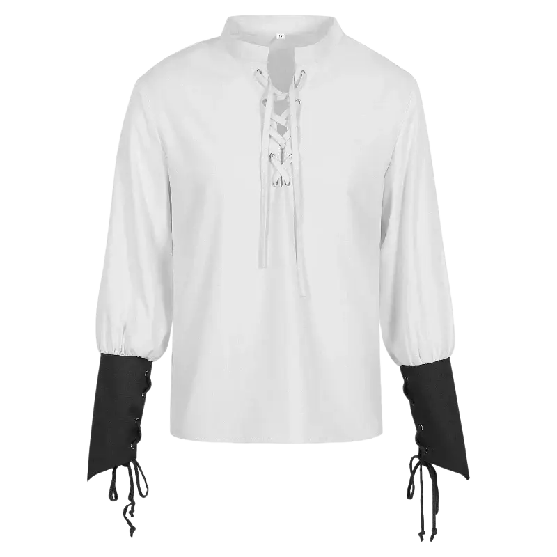 White long-sleeved mens pirate shirt with black lace-up cuffs and matching laced front neckline, front view