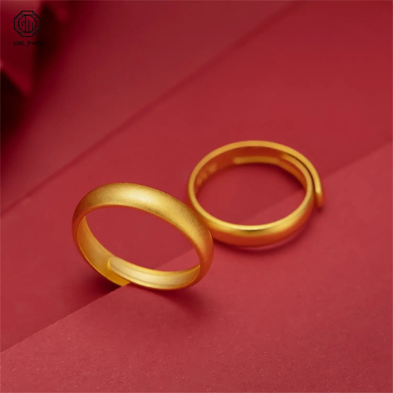 Two elegant sand gold adjustable rings featuring a fade resistant matte wide band design in gold for unisex wear.