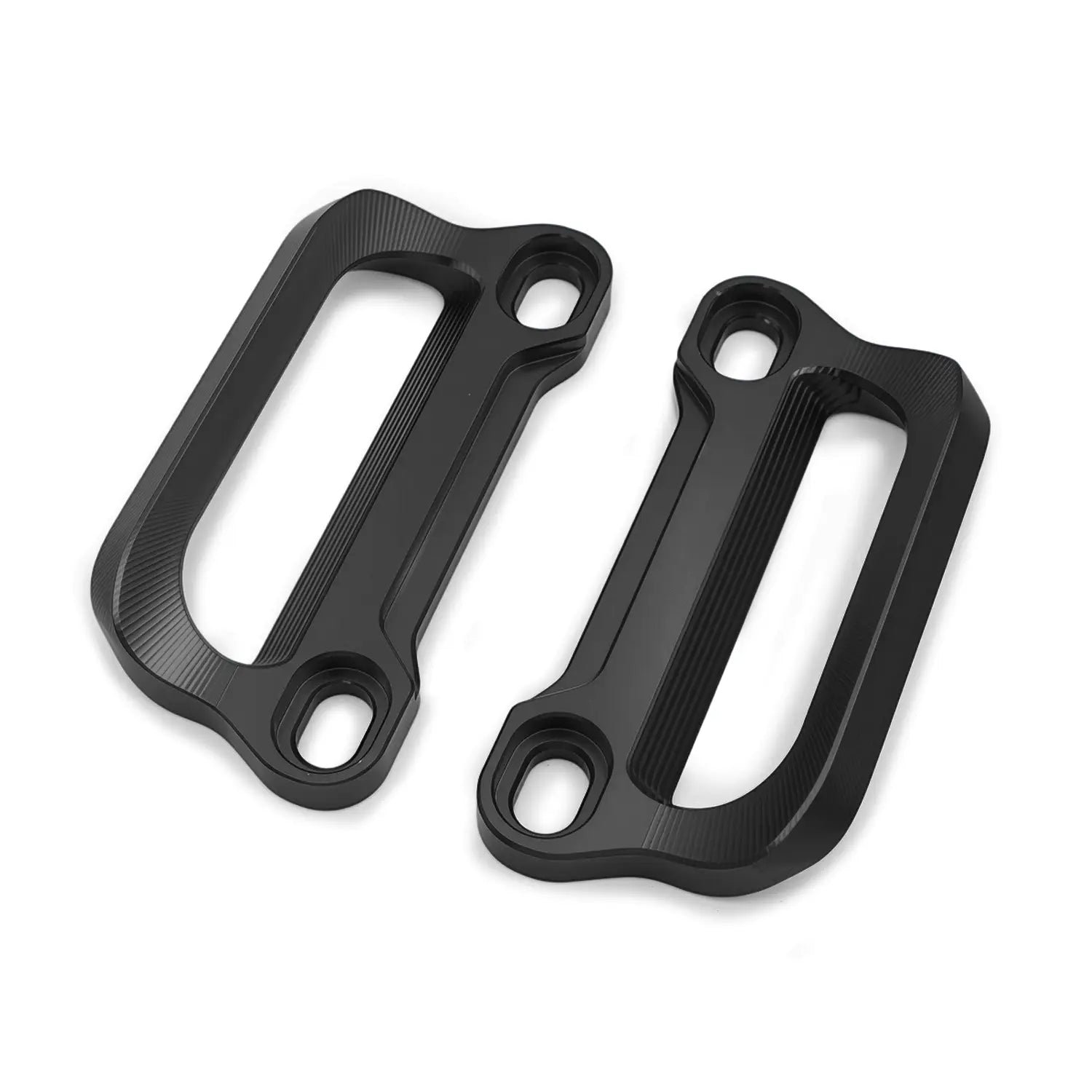 Schwarze Aluminium-CNC-Gepäckträgergriffe für Cfmoto 675srr mit strukturierten, gerippten Oberflächen und präzisen Aussparungen zur Montage.