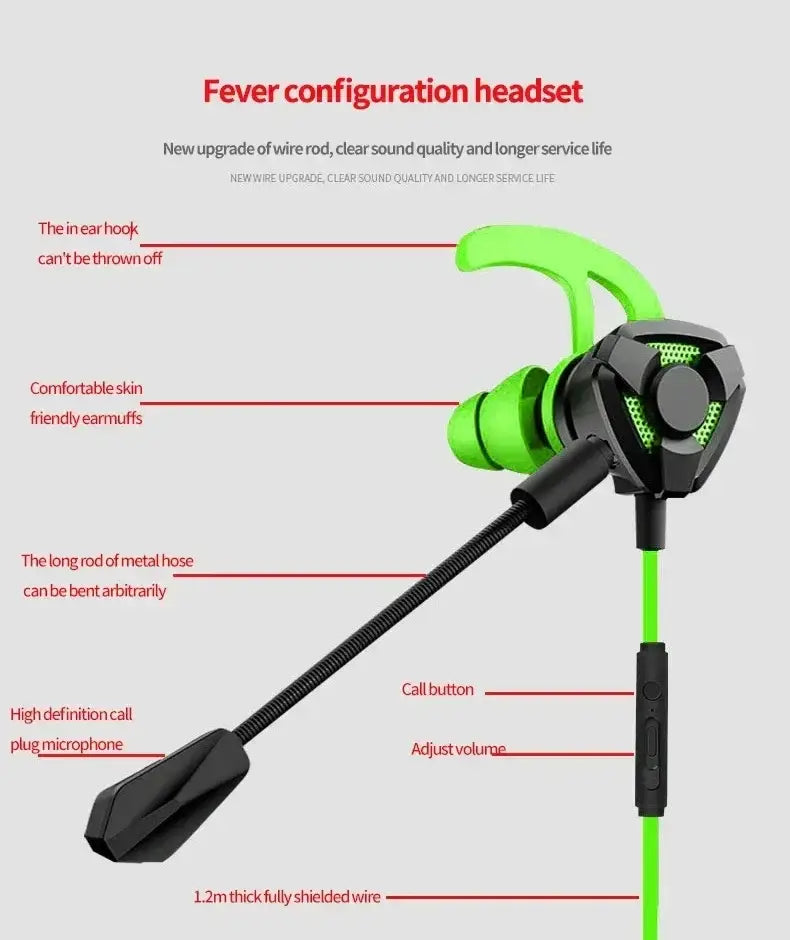 Wired in-ear gaming headset with mic red featuring bright green and black design, flexible metal hose, call button, volume controls, and adjustable microphone.