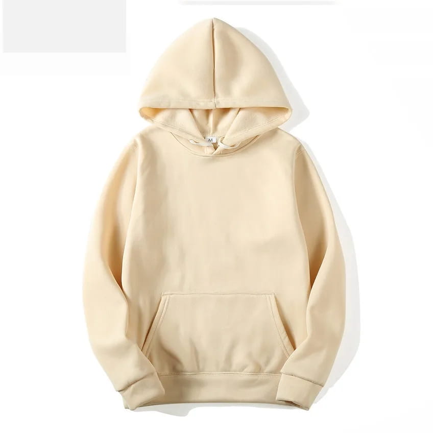 Sweat-shirt à capuche zippé en molleton épais beige, avec poche avant et poignets côtelés.