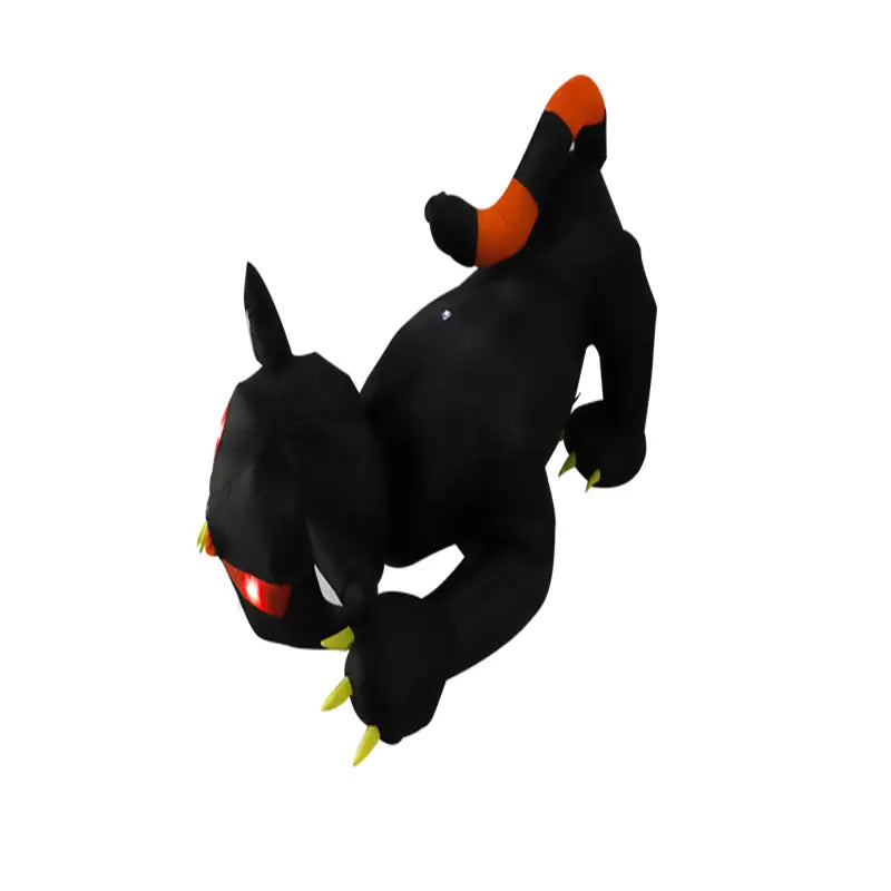 1,8 m aufblasbare schwarze LED-Halloween-Gartendeko einer Katze mit einer schwarzen Plüschkatzen-Spielzeugfigur mit leuchtend roten Augen, limettengrünen Krallen und einem orangefarben zugespitzten Schwanz.