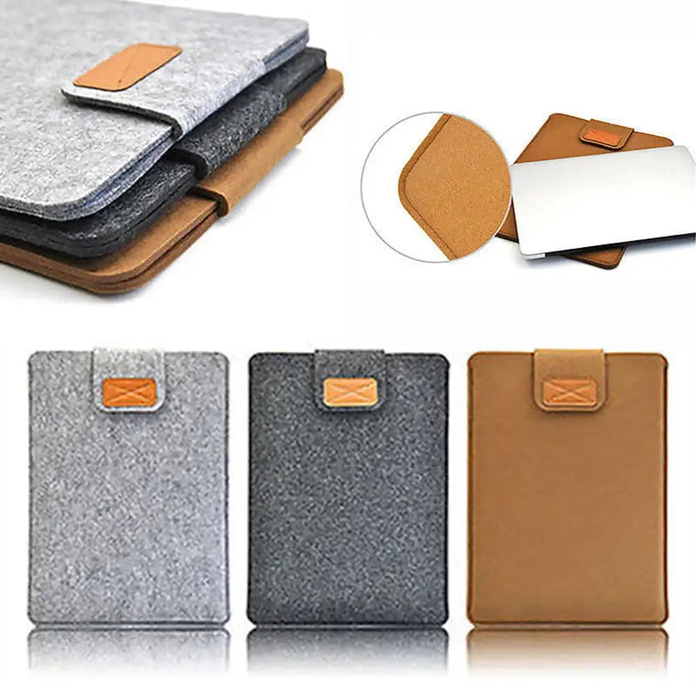 gray black and brown felt laptop sleeves with tan leather accents designed as a laptop bag for macbook air and tablet bag use