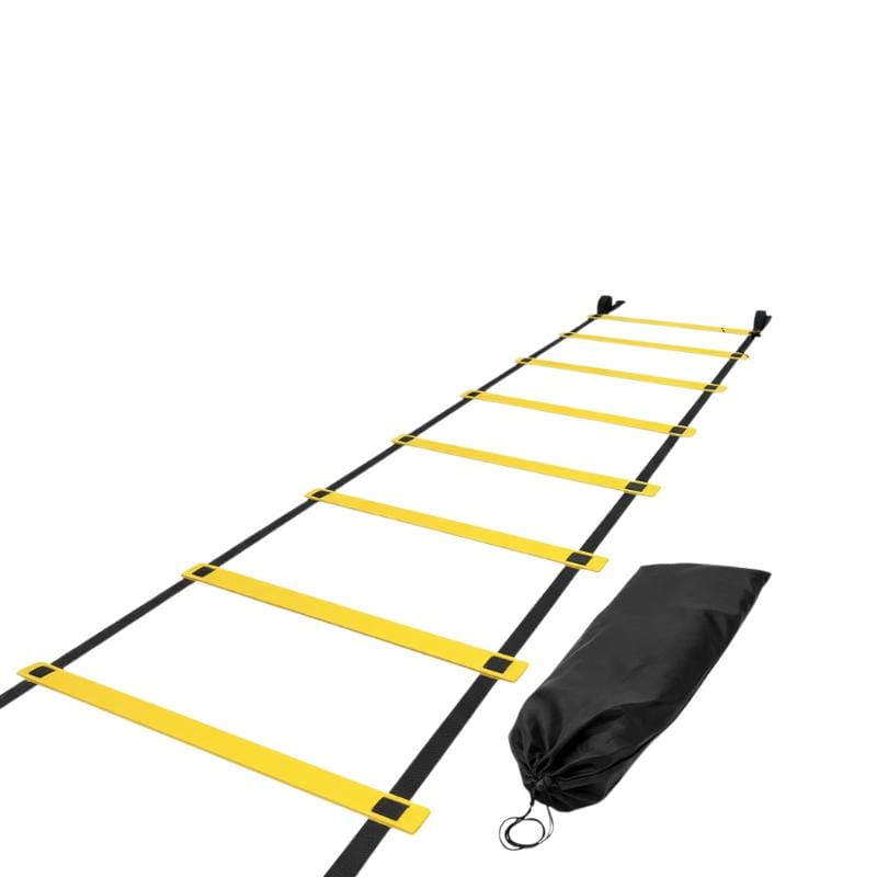 Gelbe und schwarze Agilitäts-Trainingsausrüstung Speed-Ladder mit Nylon-Gurten und passender Kordel-Tragetasche für Fitnessübungen.
