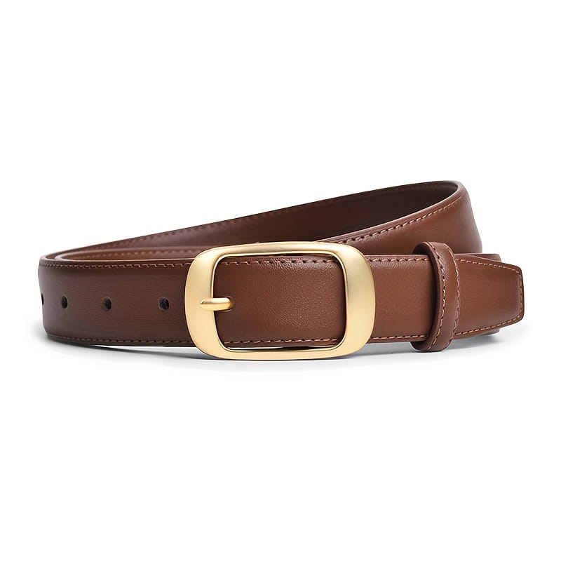 Ceinture en cuir marron pour femmes avec boucle rectangulaire à tons dorés, conçue comme sangle pour jean