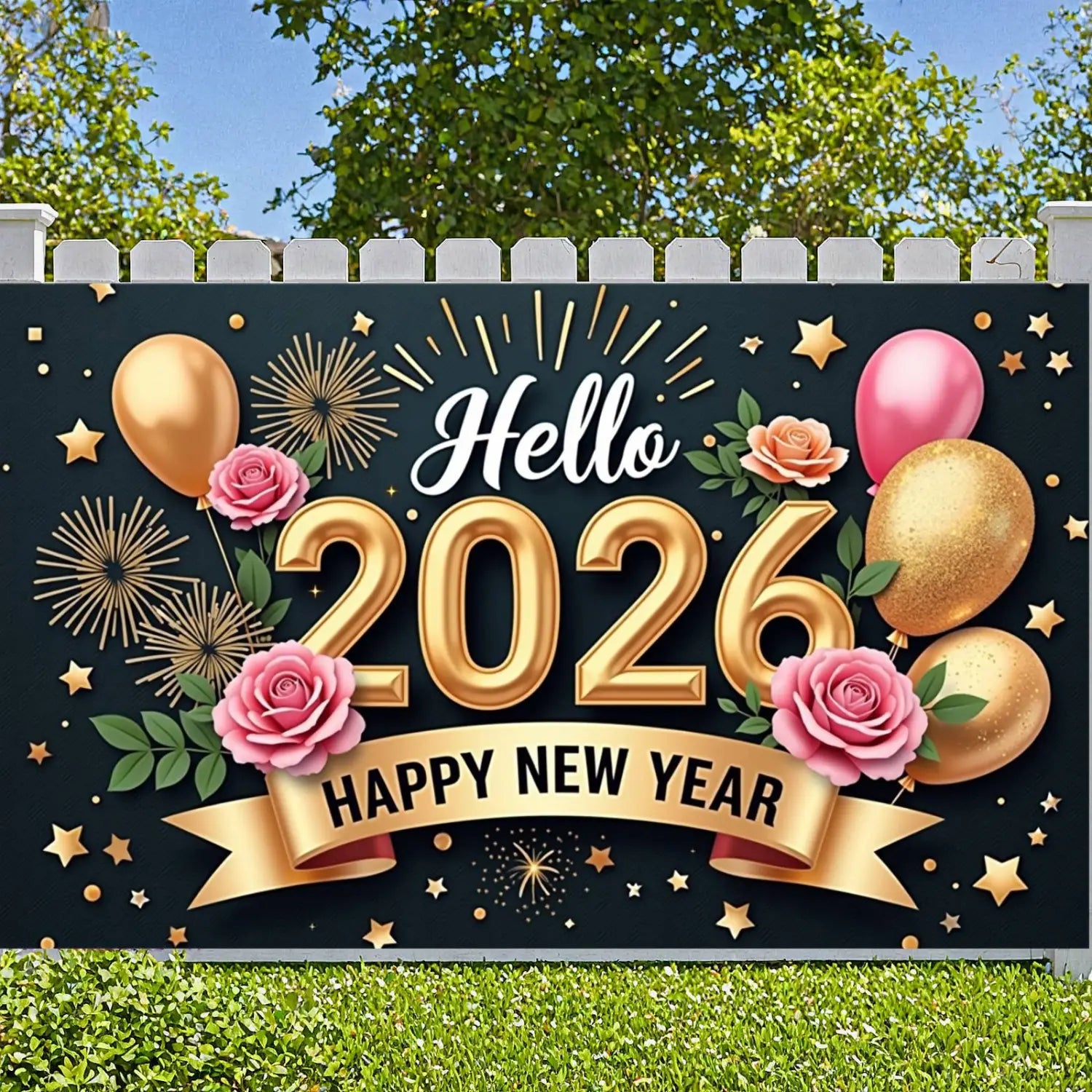 Une bannière de décor pour la fête du Nouvel An 2026, festive, en or et rose, brillante, comprenant des ballons étincelants, des roses, des feux d’artifice et des étoiles, sur un fond noir.