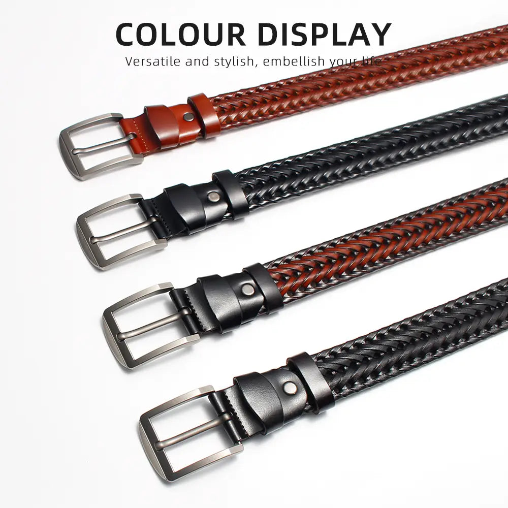 Men genuine leather braided belt set featuring four silver-toned buckle belts in brown black and two-tone combinations.