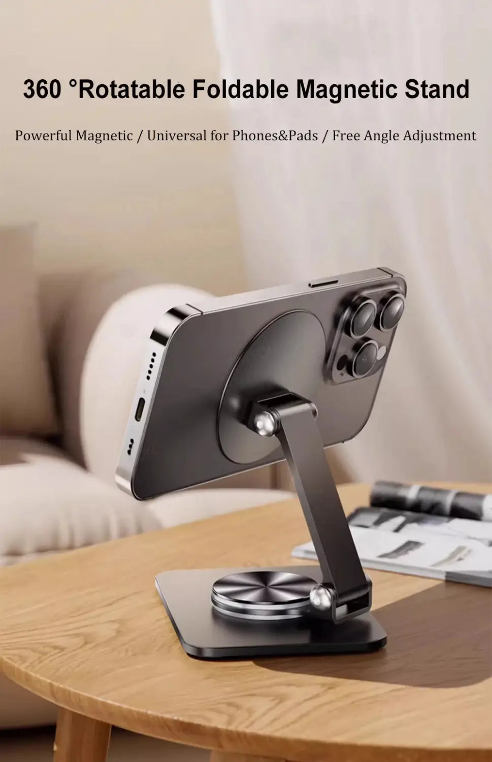 Soporte y portateléfono magnético plegable giratorio de 360° en color negro con un diseño minimalista y elegante y acentos metálicos para iPhone pro max.