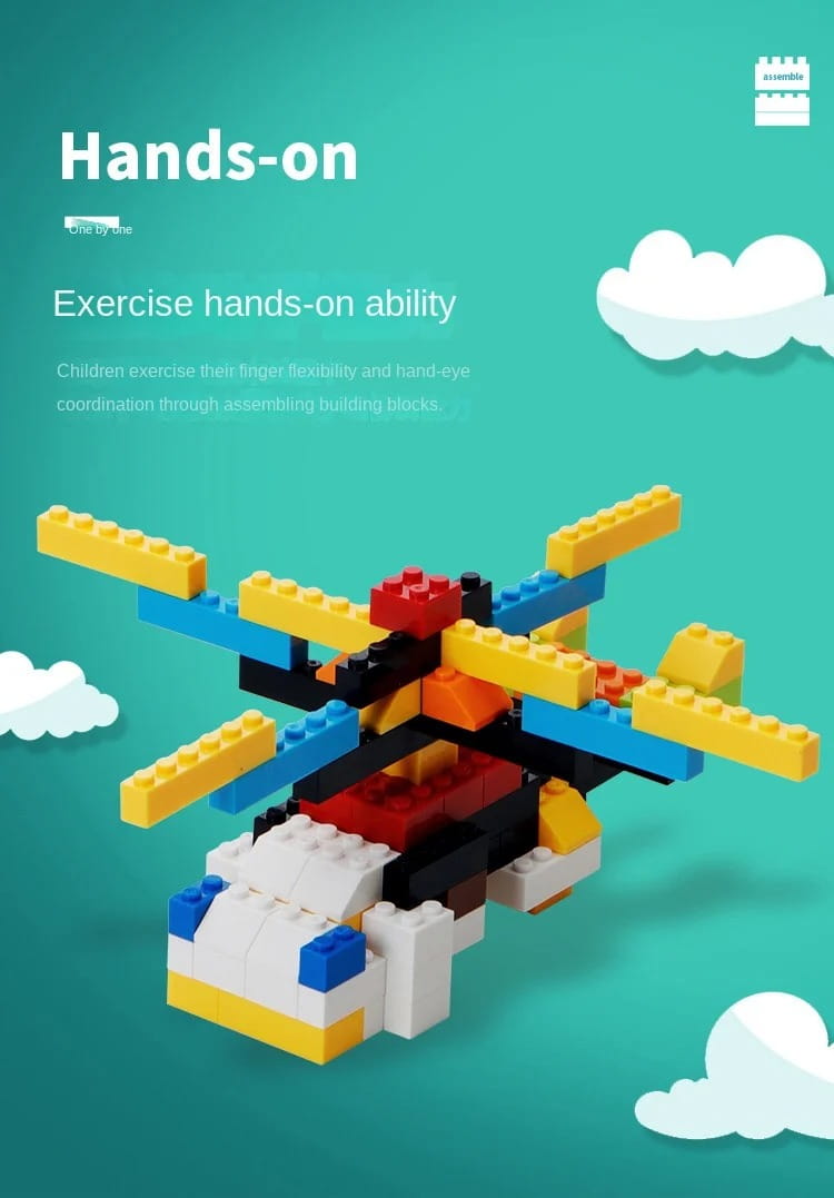 a colorful multi-colored plastic airplane built from interlocking creative building blocks in a diy creative building set for kids