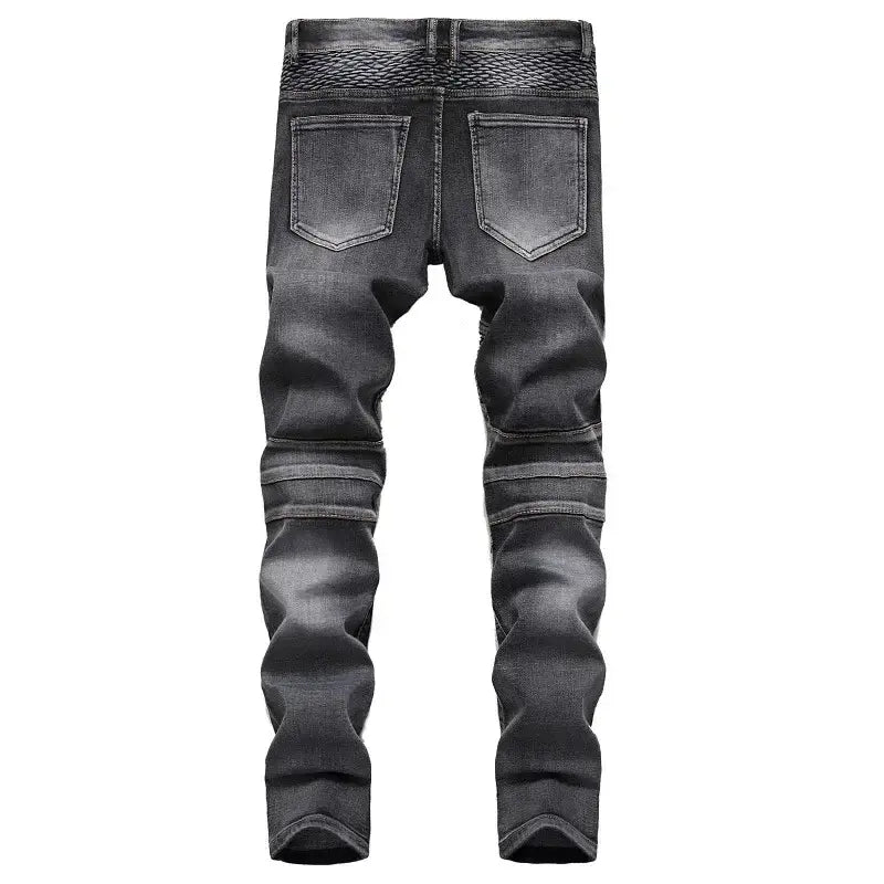 Jeans de moto pour hommes, coupe slim délavée, en denim gris foncé, avec un effet délavé et des bandes de couture horizontales le long des cuisses.