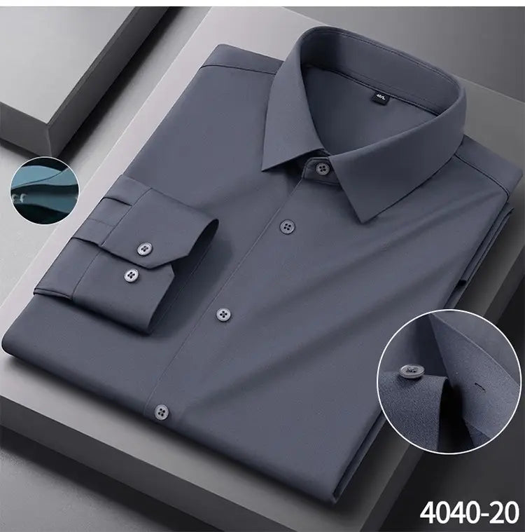 A sleek dark gray men’s slim fit nylon formal dress shirt with a crisp collar and buttoned cuffs.