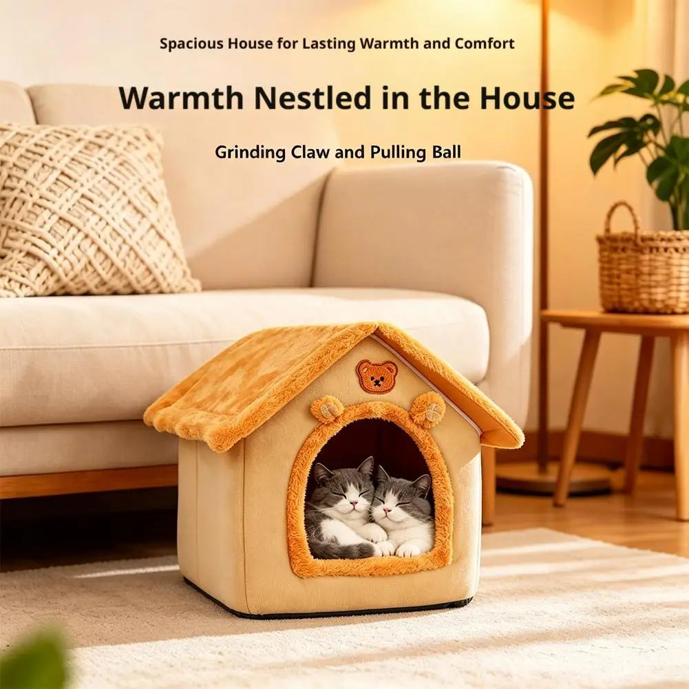 Beige and warm orange plush pet bed cat cave with teddy bear face emblem on the roof measuring 33x32x30cm.