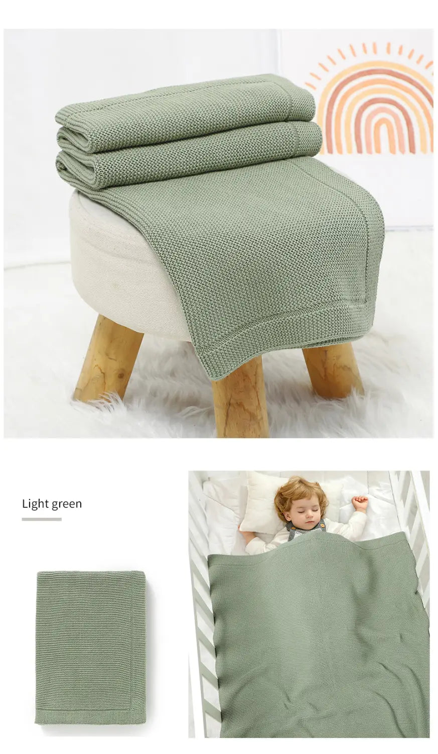 Hellgrüne gestrickte Babydecke mit strukturiertem, geripptem Muster aus Baumwolle zur Verwendung als Wickelunterlage aus der Kollektion der blassrosa gestrickten Babydecke.