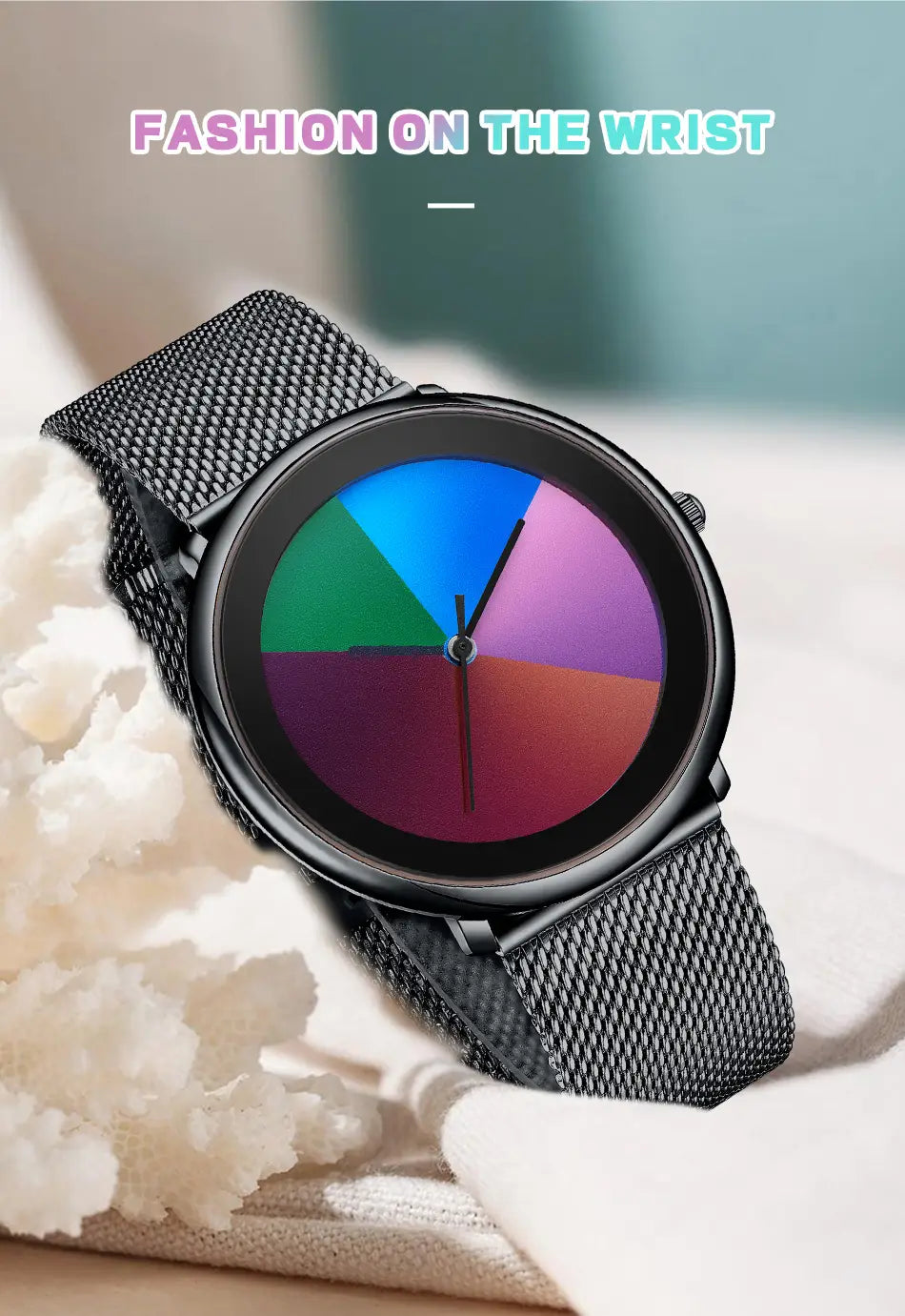 Lige women rainbow dial quartz watch features a black mesh band and a colorful segmented dial with vibrant blue green purple and red hues.