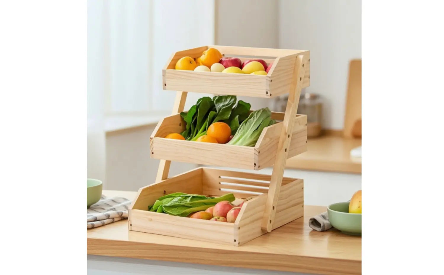 Organisateur et support de rangement de plan de travail en bois de couleur claire à trois niveaux, conçu pour mettre en valeur les fruits et les légumes.