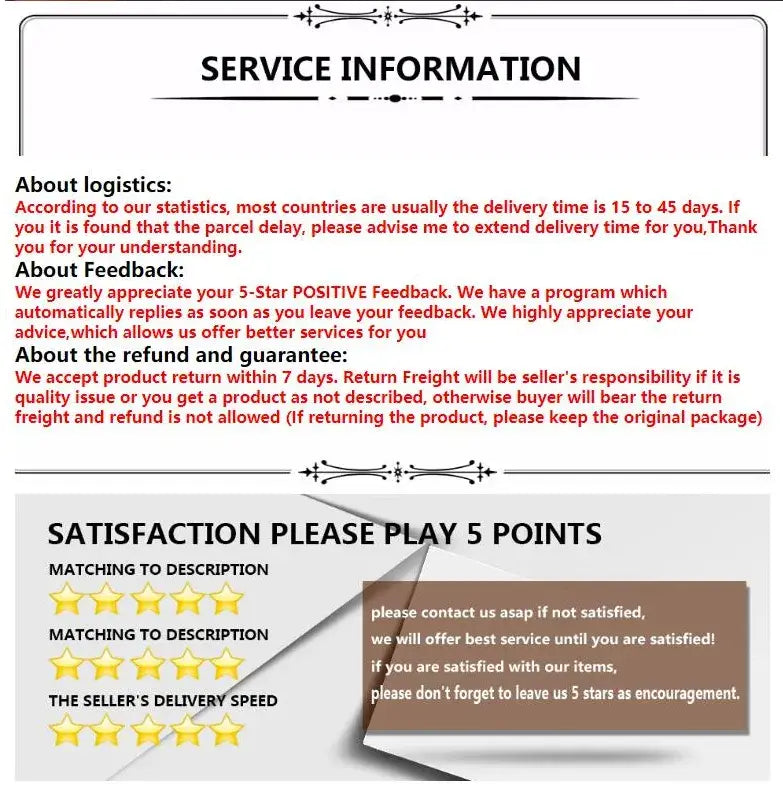 Panneau d’informations sur le service, avec bordures décoratives noires et texte rouge, pour les détails logistiques et de retour d’expérience, ainsi qu’une boîte rectangulaire brune contenant des instructions de satisfaction client pour les chaussures de ville en cuir pour homme à enfiler.