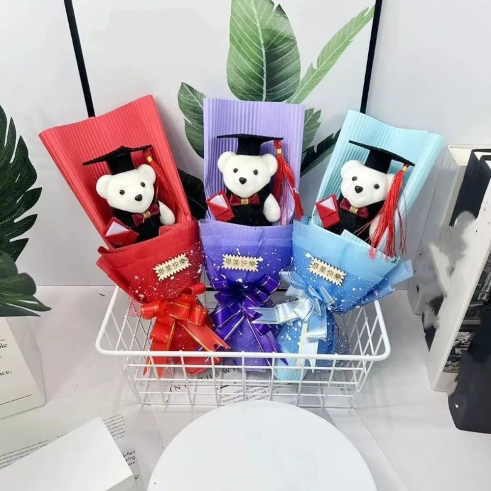 Lovely Graduation Bear Bouquet Animal Simulated Little Bear Bouquet Celebrate Handicraft Stuffed Simulated Bear Room Decoration