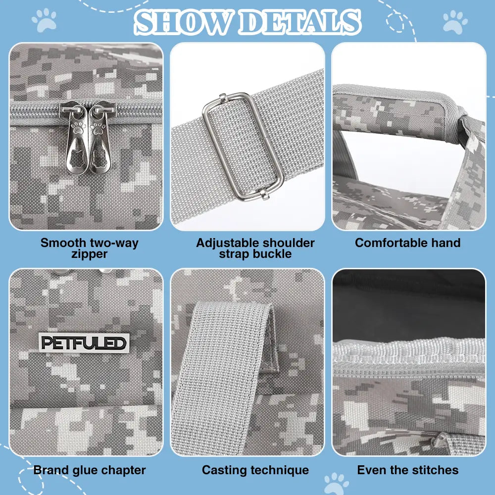 Sac de voyage pour chien camouflage gris, doté d’une fermeture éclair, avec une fermeture éclair bicolore à double sens fluide, une boucle de sangle d’épaule réglable et des coutures renforcées.
