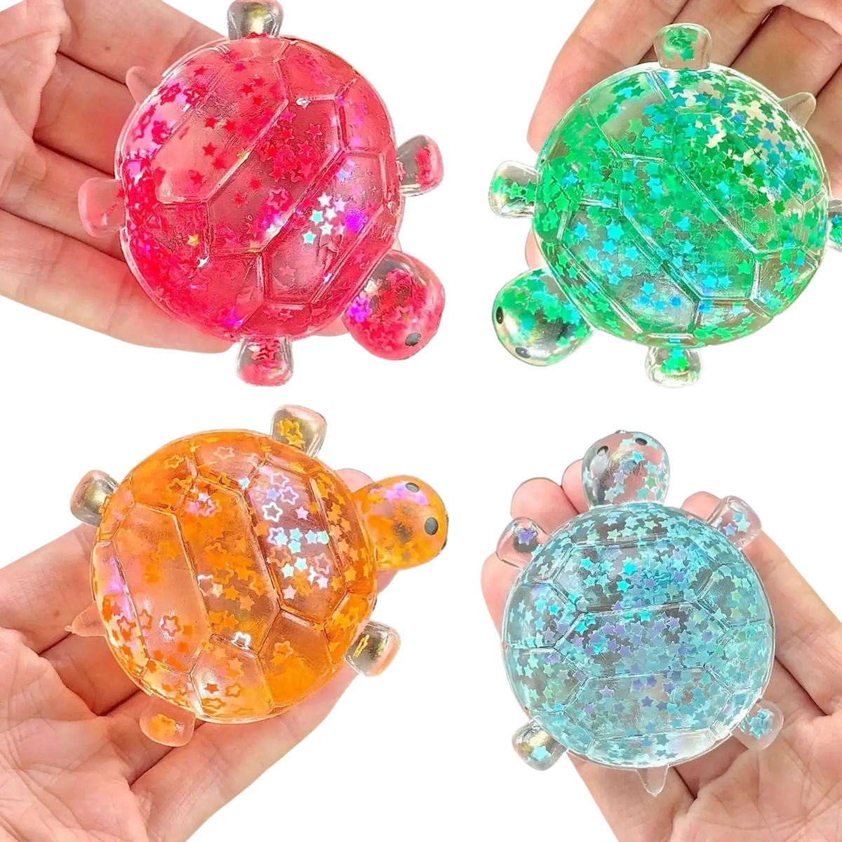Colorful translucent silicone glitter turtle squeeze toys in pink green orange and blue with star-shaped glitter