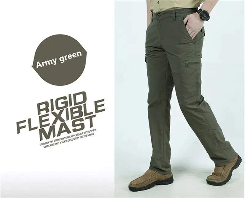 pantalons cargo tactiques légers pour homme en vert armée, avec une conception rigide et flexible et plusieurs poches fonctionnelles durables.