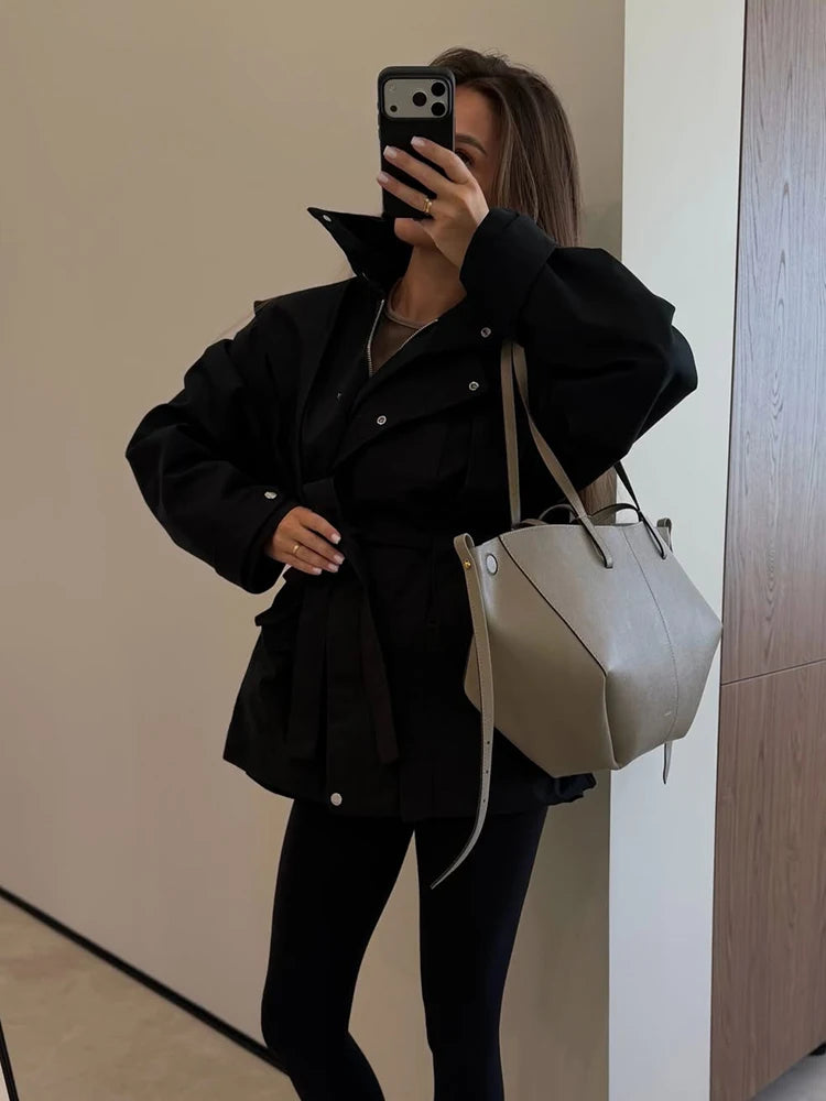 Women Short Trench Coat Belted Stand Collar Double Breasted Utility Jacket Oversized Pocket Chic Casual Office Commute Outerwear