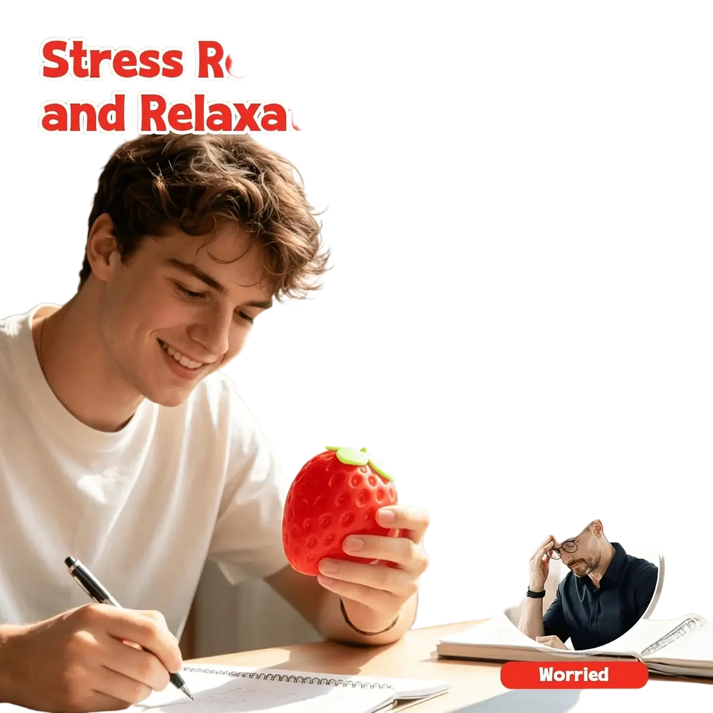 Red strawberry-shaped cheese squishy with green leafy top shown from front angle as sensory fidget toy