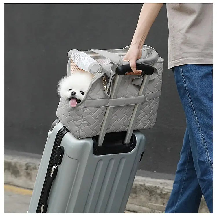 Sac pour animal de compagnie matelassé gris, avec panneau latéral en maille respirante et prise de poignée noire, conçu pour l’utilisation d’un petit porte-chien.