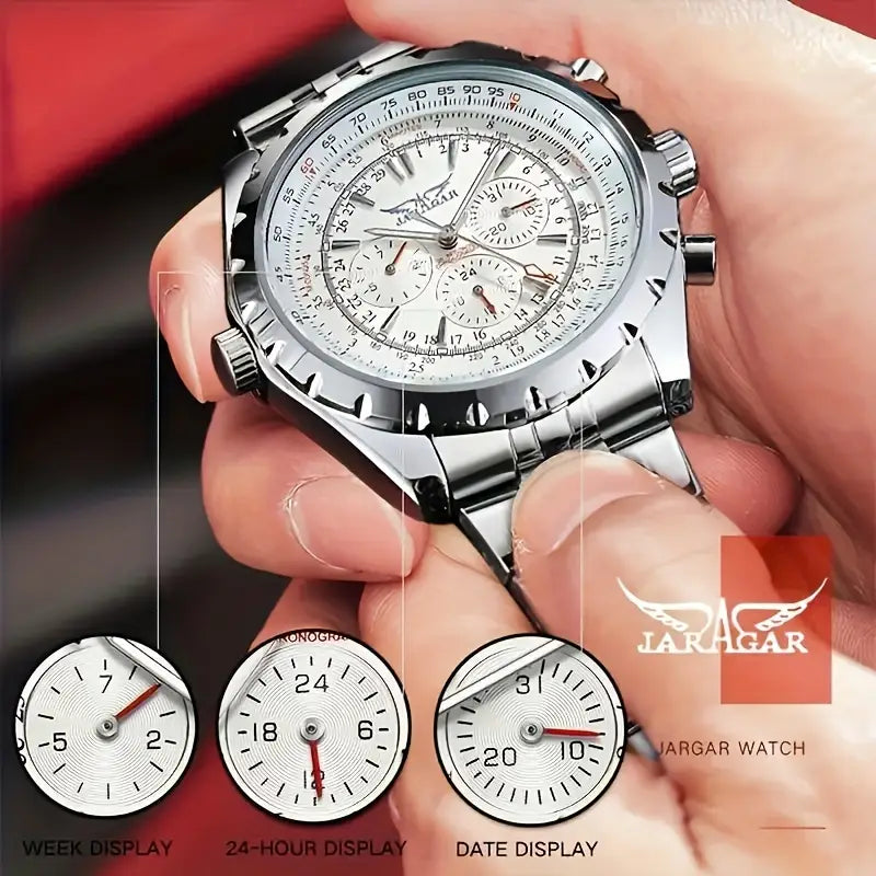 Mechanical stainless steel men’s chronograph watch featuring a silver-toned jaragar case with a white dial and multiple subdials for week, 24-hour, and date displays on a stainless steel link bracelet.