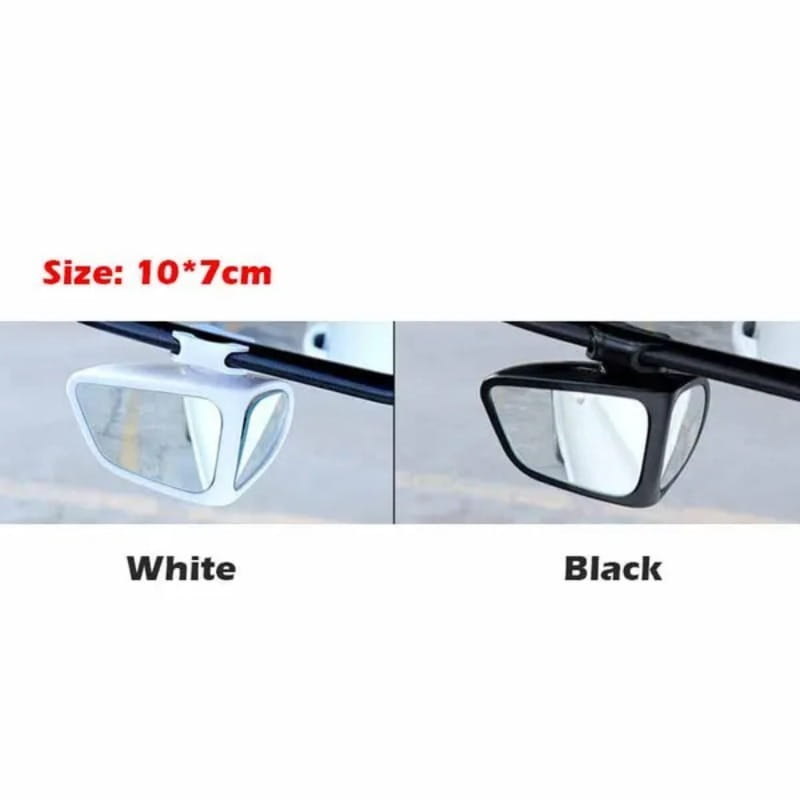 Car blind spot mirror with 360 rotation adjustable feature showing a white or black plastic side mirror with a rectangular reflective surface and rounded edges.