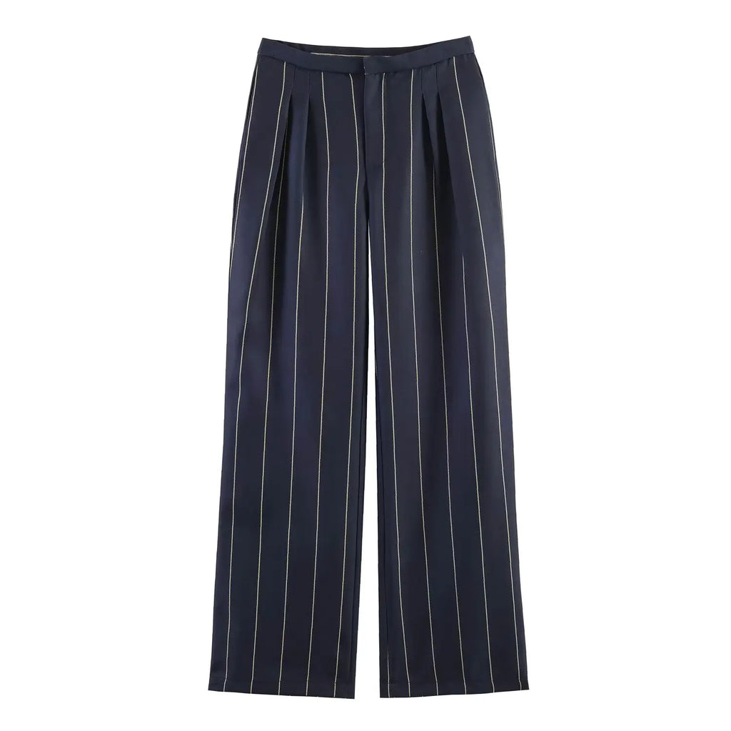 Women's Suit Set with Lapel, Short Sleeve, Linen Blend, Striped, Short Blazer, Straight-Leg Pants, Elegant Office Casual Fashion
