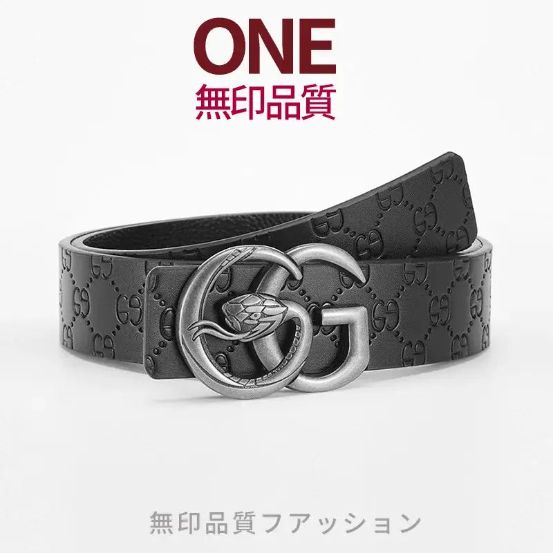 Black leather men snake buckle belt featuring embossed gg monogram pattern and a silver-toned snake-embellished double-g buckle.