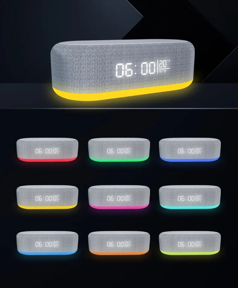 Réveil à haut-parleur Bluetooth en tissu gris avec charge sans fil, affichage numérique de l’heure et de la température, base jaune lumineuse et mode d’économie d’énergie, fonction de charge sans fil