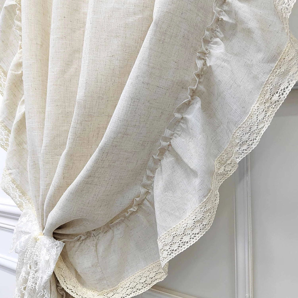 French Ruffle Semi Sheer Curtains, Plain Faux Linen Textured Vintage American Farmhouse Curtain for Living Room, Bedroom, Study