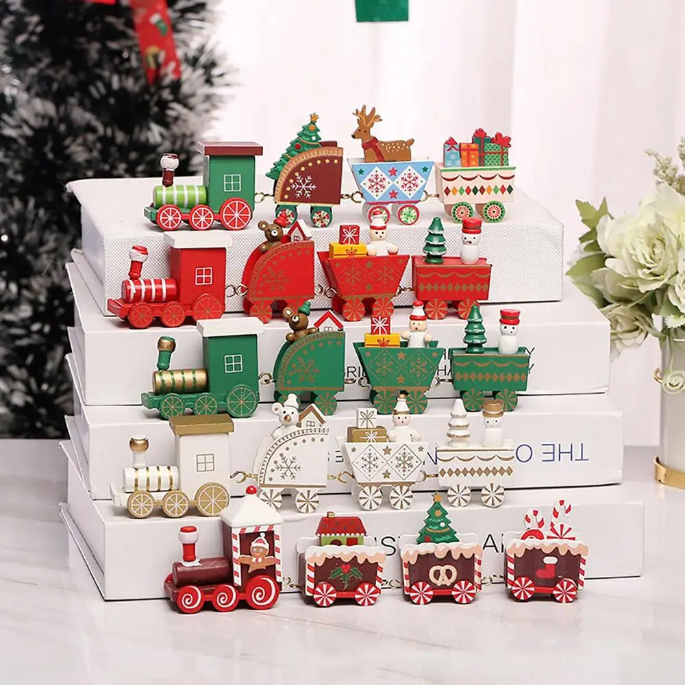 A collection of colorful wooden Christmas train toys with painted details and festive holiday designs for holiday home decoration.