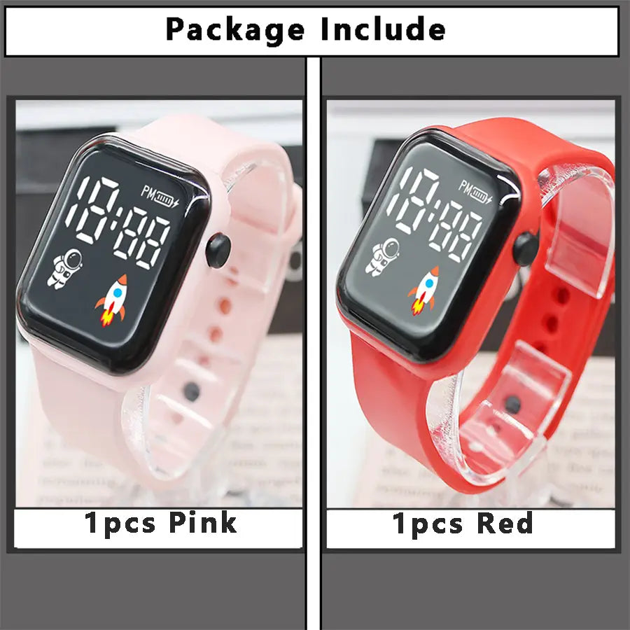 Montre électronique pour enfants, garçons et filles, rose et rouge, avec faces numériques LED rectangulaires noires de type sport affichant des icônes d’astronaute et de fusée.