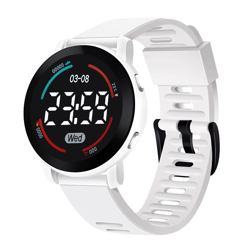 White digital girls sports watch with a black circular LED display showing time date and temperature designed as a waterproof wristwatch.