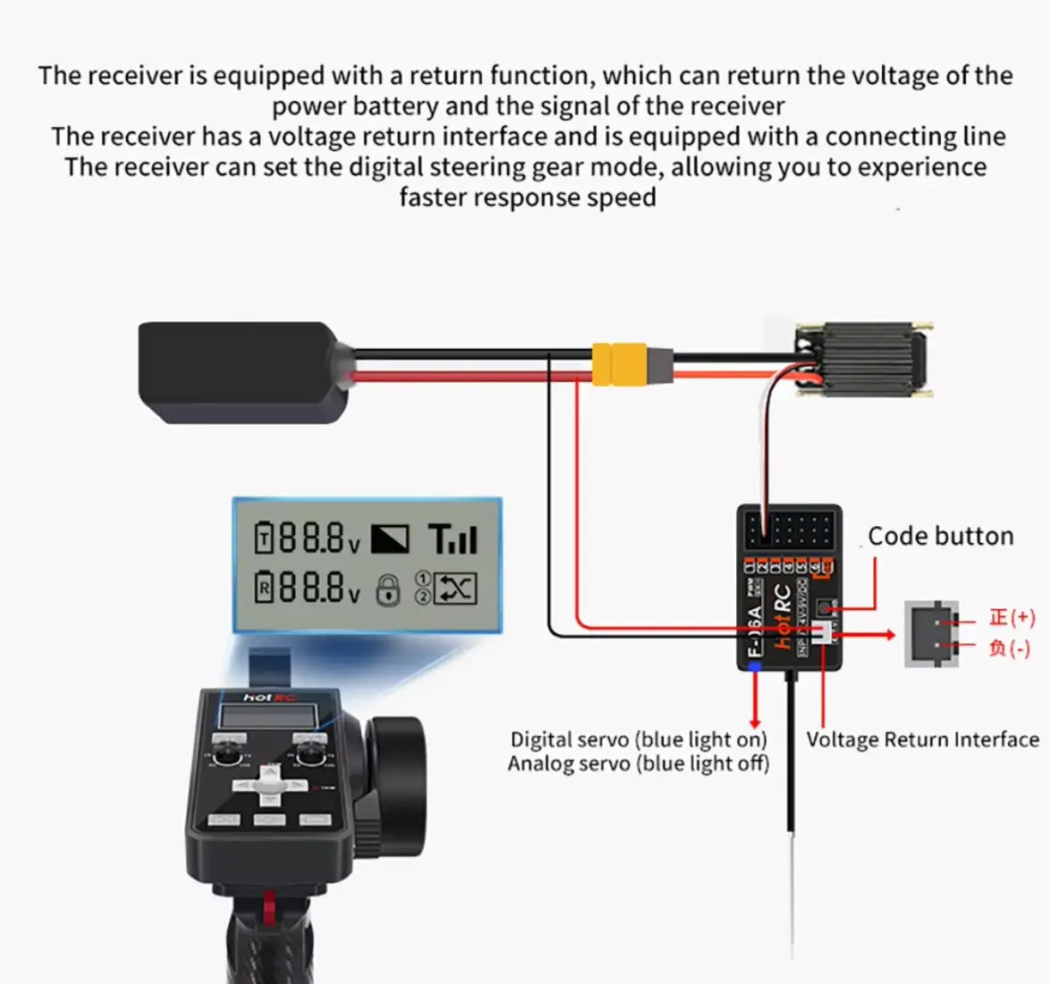 Receptor digital del control remoto negro ct-6a para coche y barco con una pequeña pantalla LCD que muestra lecturas de voltaje y botones de control conectados a servos mediante cables.
