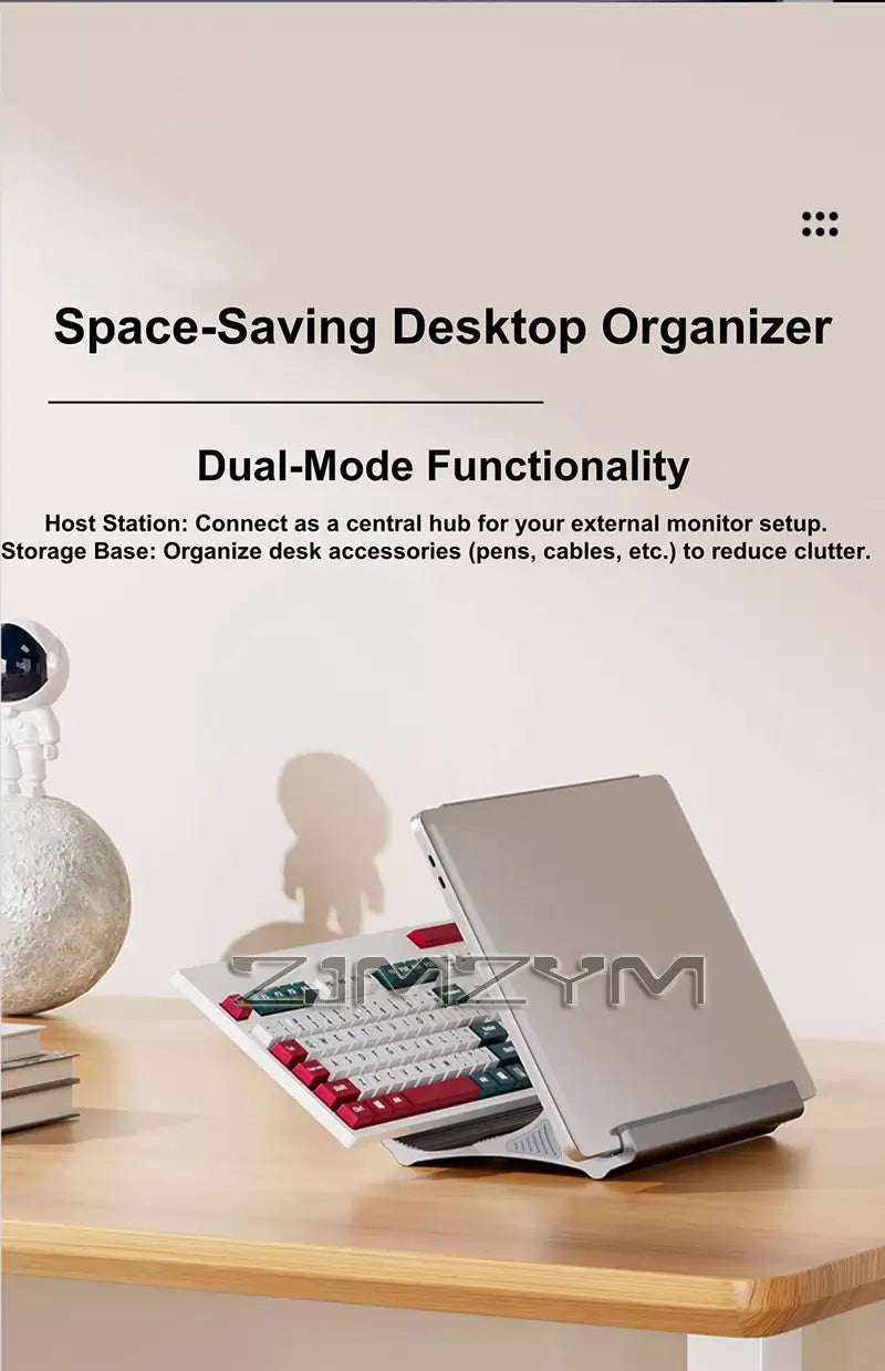 silver dual-mode aluminum laptop stand with adjustable desktop organizer host station and storage base design for efficient desk use