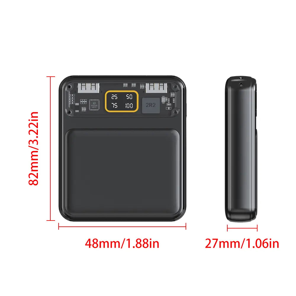 Schwarze rechteckige mobile Powerbank mit elegantem Kunststoffgehäuse und Digitalanzeige, die Akkuprozent und Spannung zeigt, ausgelegt für flache 18650-Akkus und kompatibel mit der Integration der Leiterplatte für Mobiltelefone.