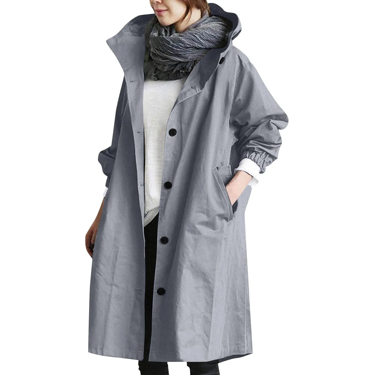 Trendy Women's Long Trench Coat Women's Solid Color Elegant Windbreaker Loose Comfortable Hooded Temperament Ladies Raincoat