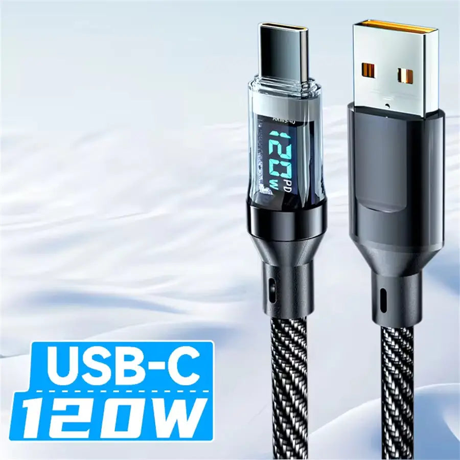 Black and silver 120w fast charging usb a to type c cable with digital display and braided fabric construction showing 120w power output.